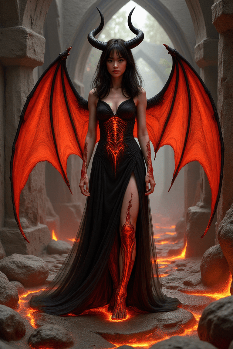 AI generated: A hyperrealistic depiction of a female demon figure, standing amidst a lava-streaked landscape.  The...