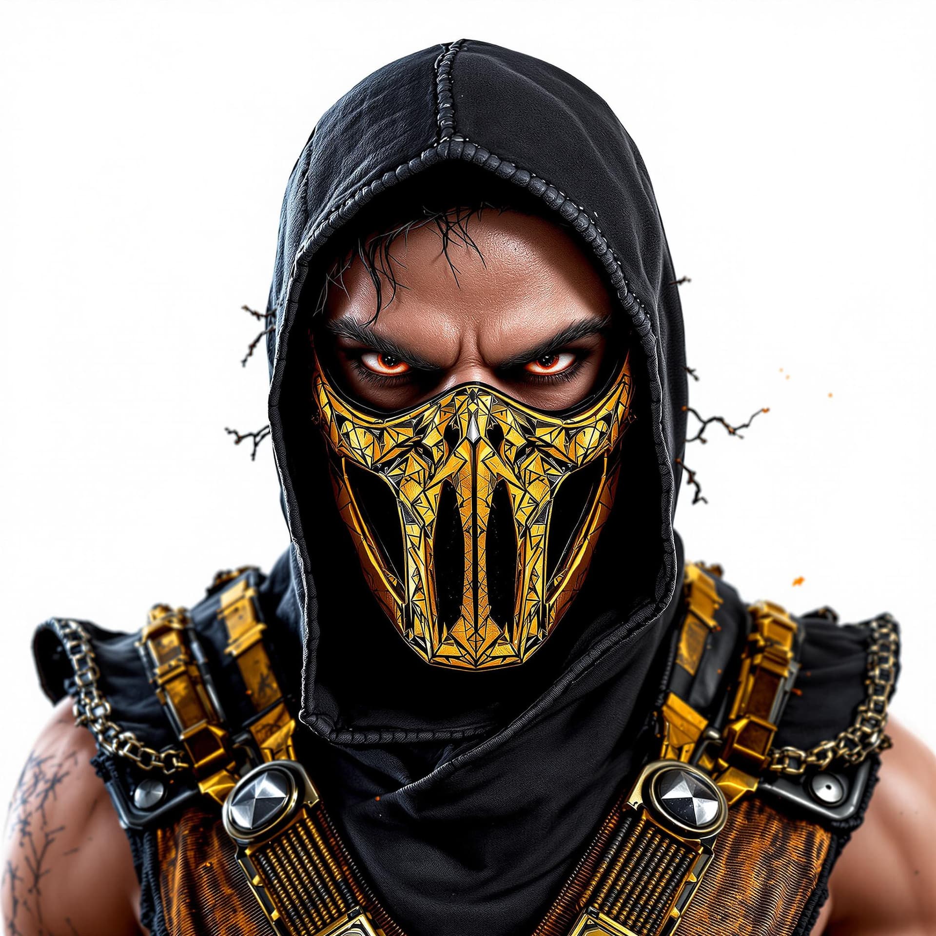 AI generated: Mortal Kombat scorpion Karakterini Buz Mavisi renkte elbise giysin. maskesi altın sarısı yap. Kral t...