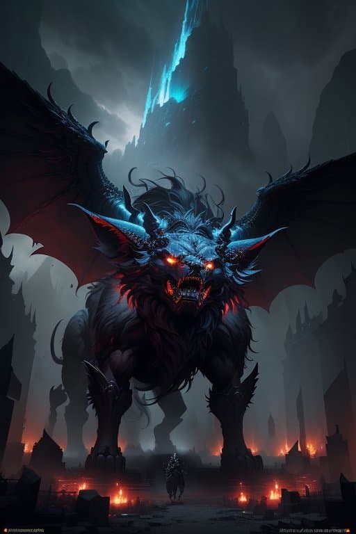 AI generated: (Kerberos:1.1), (guarding the exit from the realm of the dead:1.1), in hades, anger, powerfull, rage...