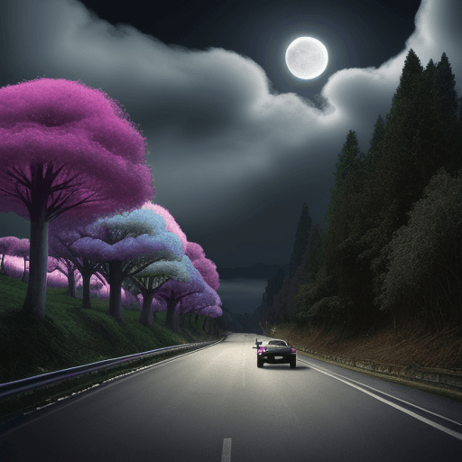 AI generated: cars driving on road, mushrooms, marijuana, trees, moonlight, slightly cloudy, monkeys, colorful bir...