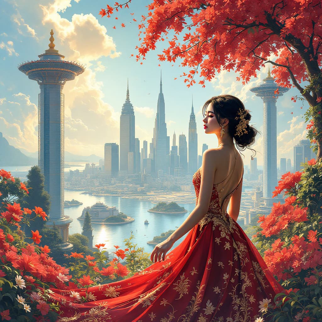 AI generated: Illustration of a beautiful city with tall skyscrapers, islands, bright colors, sunlight. Golden, wo...