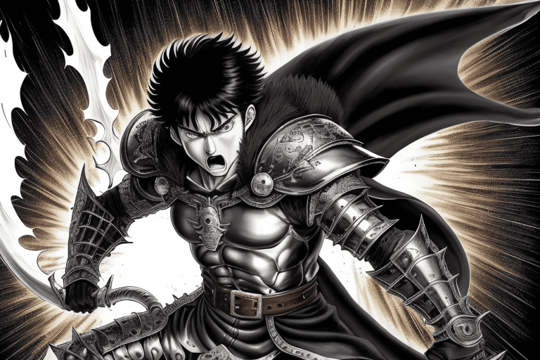 AI generated: monochrome, a man with big eyes, brown hair with tuft, in golden armor, manga, ((without helmet)), b...