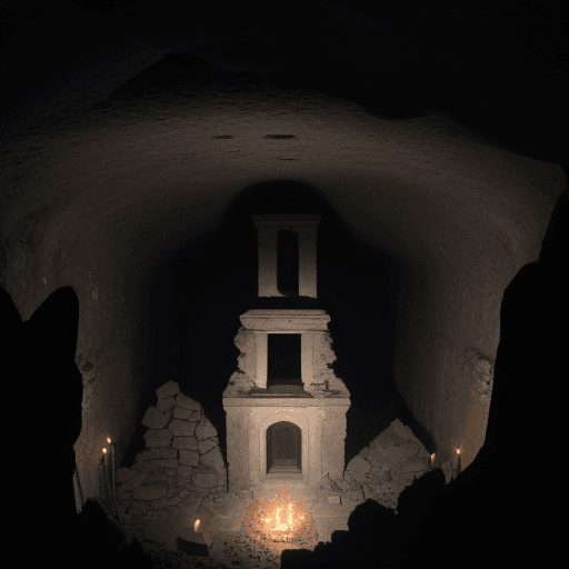 AI generated: dark underground ruins of a chapel built within a deep cave, top-down view, rubble, stone, torches,