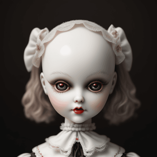 AI generated: A evil porcelain doll with delicate features, high-quality, photorealistic, vintage charm, still lif...