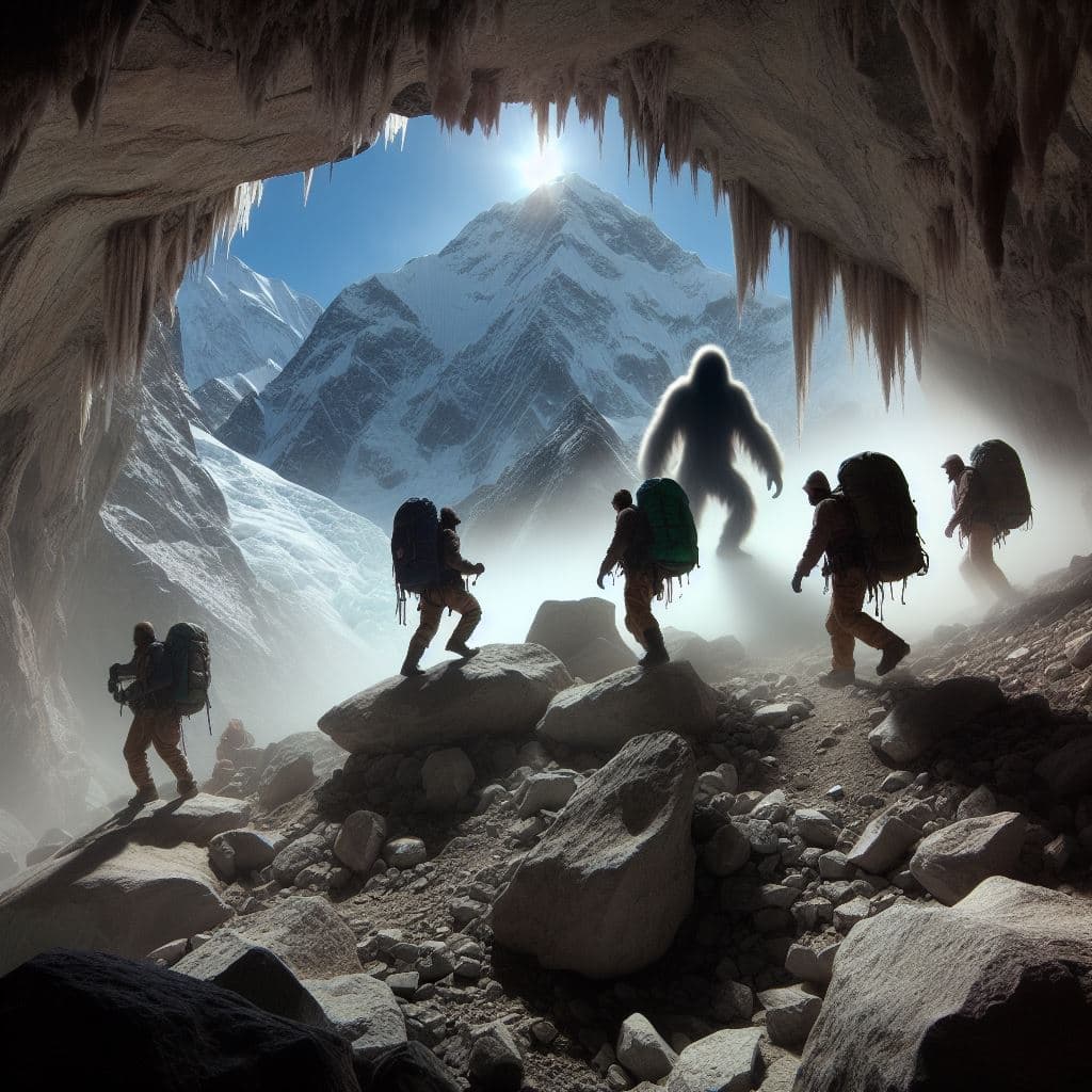 AI generated: secret Yeti hideout cave at Nanga Parbat, a Yeti hiding. In the distance, clueless mountaineers unwa...