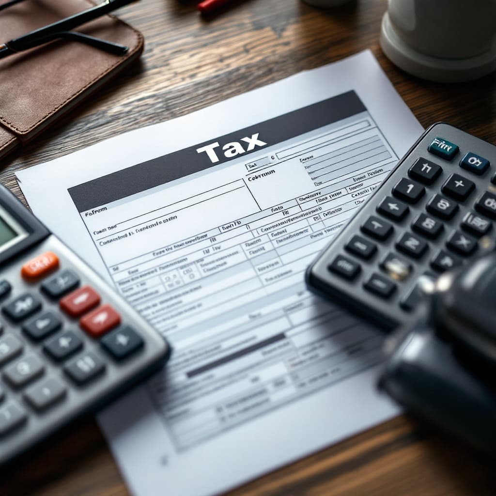 AI generated: A tax form and calculator on a desk. dslr, ultra quality, sharp focus, tack sharp, dof, film grain, ...