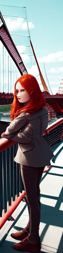 AI generated: a photo of red hair girl stand on bridge