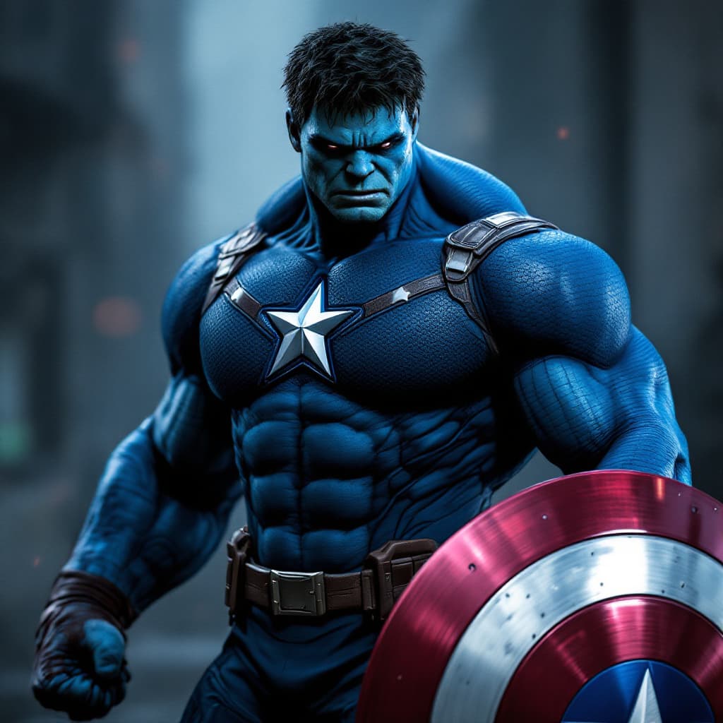 AI generated: blue hulk, (as captain america with uniform and shield ), ultra realistic. and the uniform fits perf...