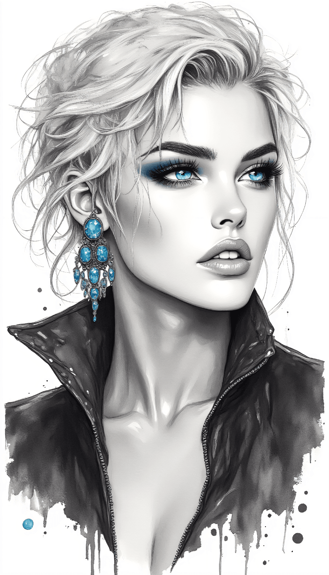 AI generated: Create a portrait of a young woman in a dramatic black and white watercolor style with selective col...