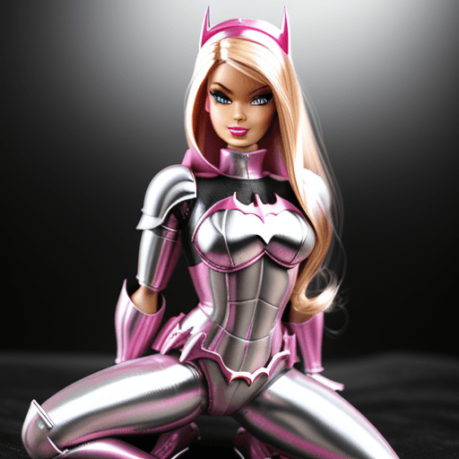 AI generated: barbie in a chrome  metal,pink  armour batman costume, 