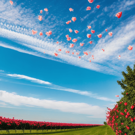 AI generated: roses fly from the sky and the sun shines on them