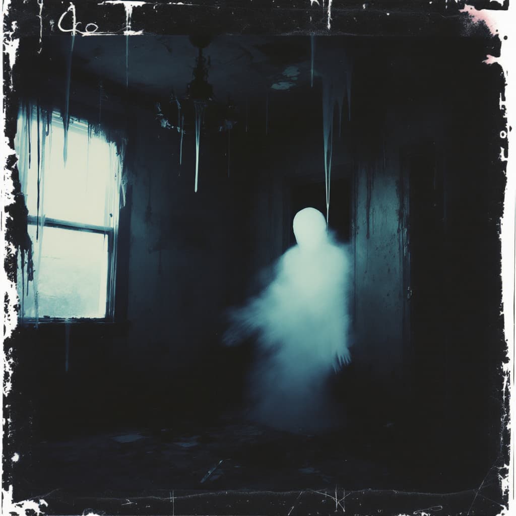 AI generated: grainy 80's photograph quality polaroid of king slime suicide caught in an abandoned house, dark