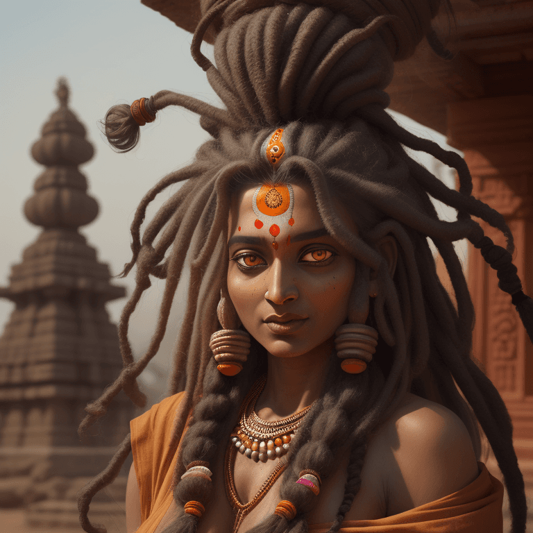 AI generated: Indian old shiva 
Female sadhu in front of a hindu temple, with long dreads, hyper realistic photo, ...