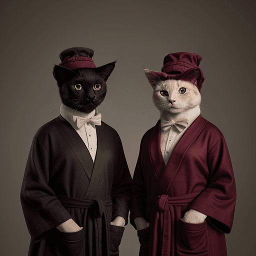 AI generated: a picture of two people, wearing cloth hats and robes, in the style of realistic animal portraits, u...