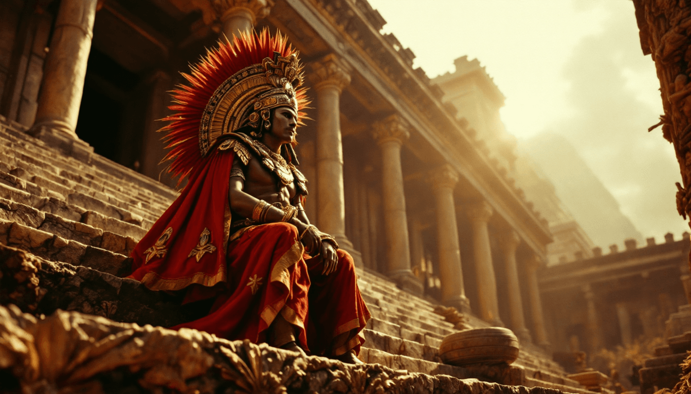 AI generated: Cinematic shot of a history movie, Aztec priest, temple steps, pre-Columbian Mexico, high noon, Azte...