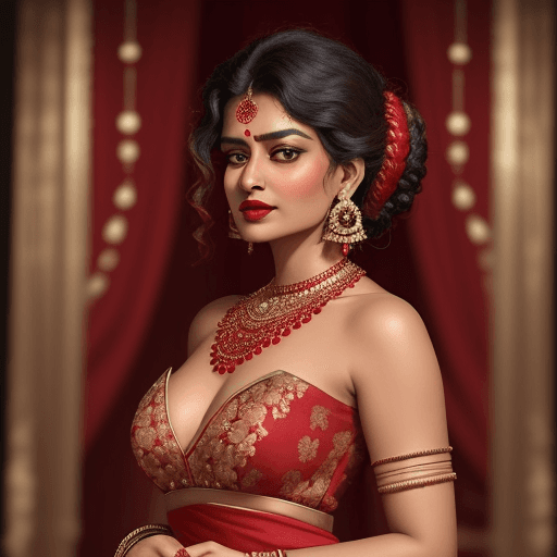 AI generated: A Indian woman in a deep red dress with gold floral embroidery, viewed from the waist up, looking sl...