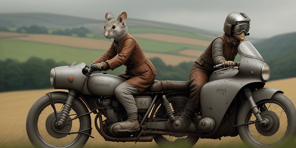 AI generated: cinematic film still award winning photo, style beatrix potter, grey mouse, wearing open face crash ...