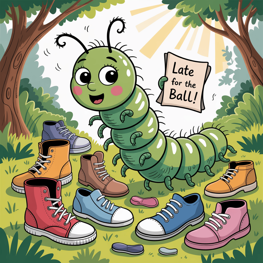 AI generated: A caterpillar that’s late for an event because he cannot find all his shoes.
lots of shoes 