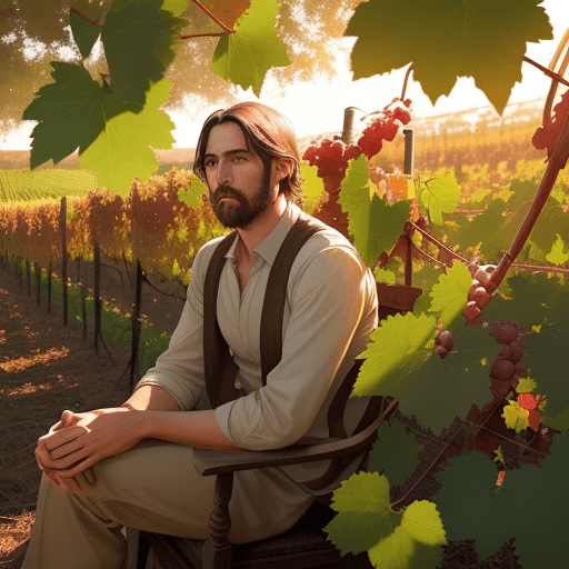 AI generated: a photo-realistic image of the man speaking these two sentences: "Rows of grapevines stretched as fa...