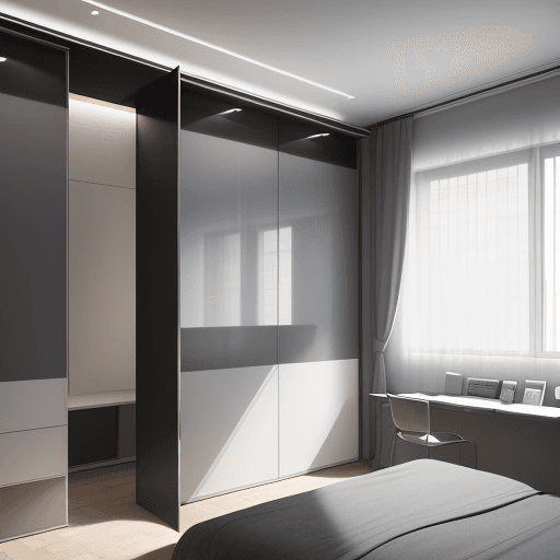 AI generated: The square bedroom, measuring 3 meters on each side, features a contemporary layout with a prominent...
