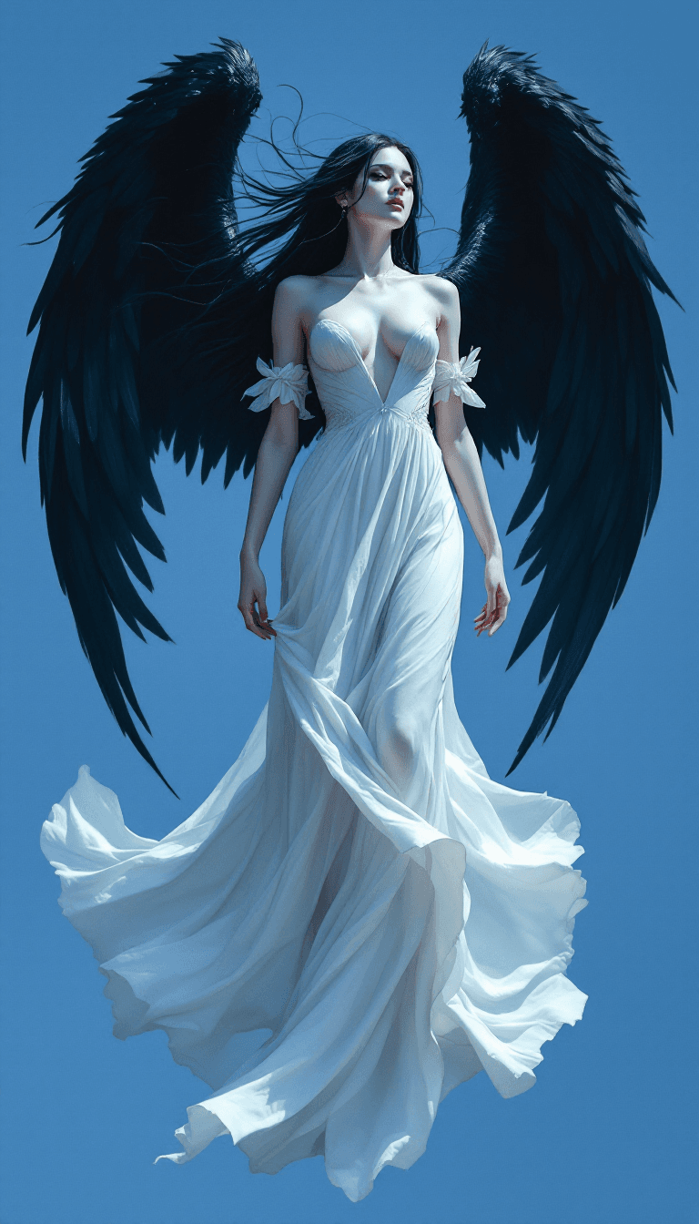 AI generated: A woman in a long (suggestive dress) of a gothic style, body with pale skin, hair lifted by the wind...