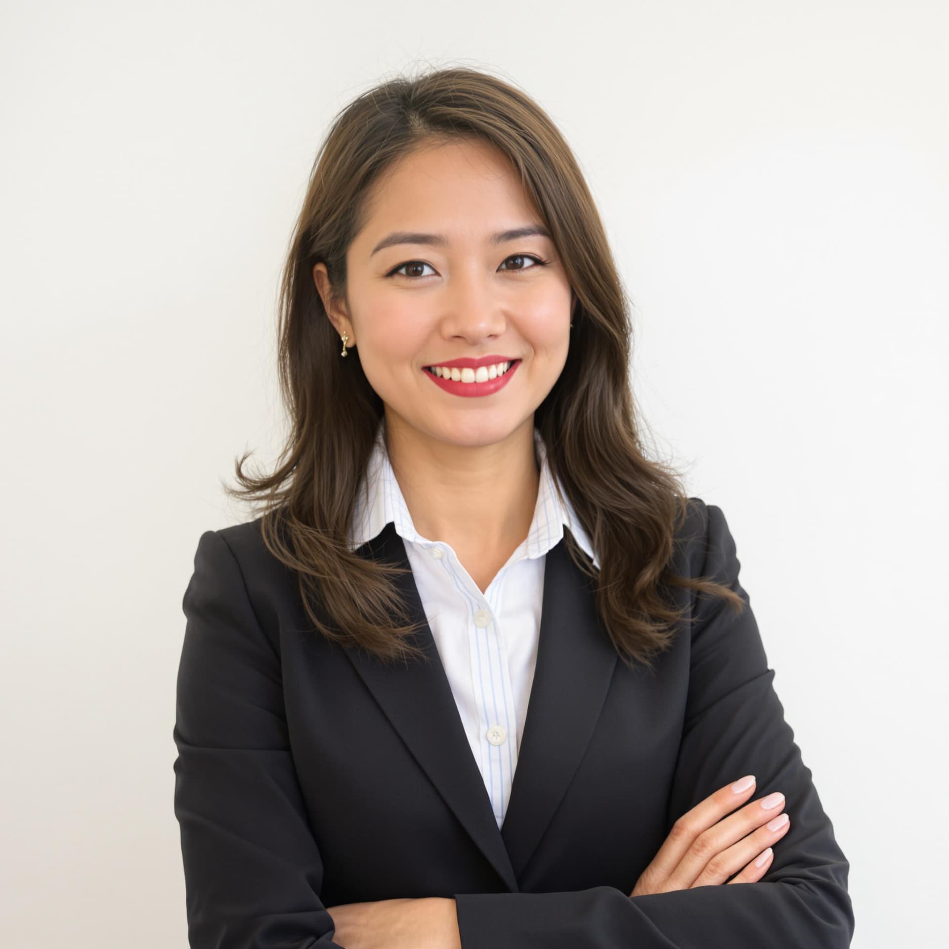 AI generated: a professional photograph of asian woman in business professional attire, white wall