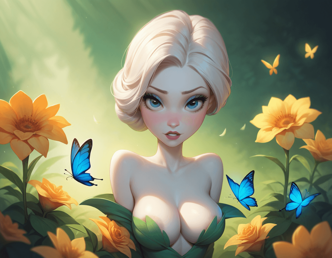 AI generated: score_9, score_8_up, score_7_up, Disney, butterfly_girl, adult theme, giant flower, clothes, perked ...