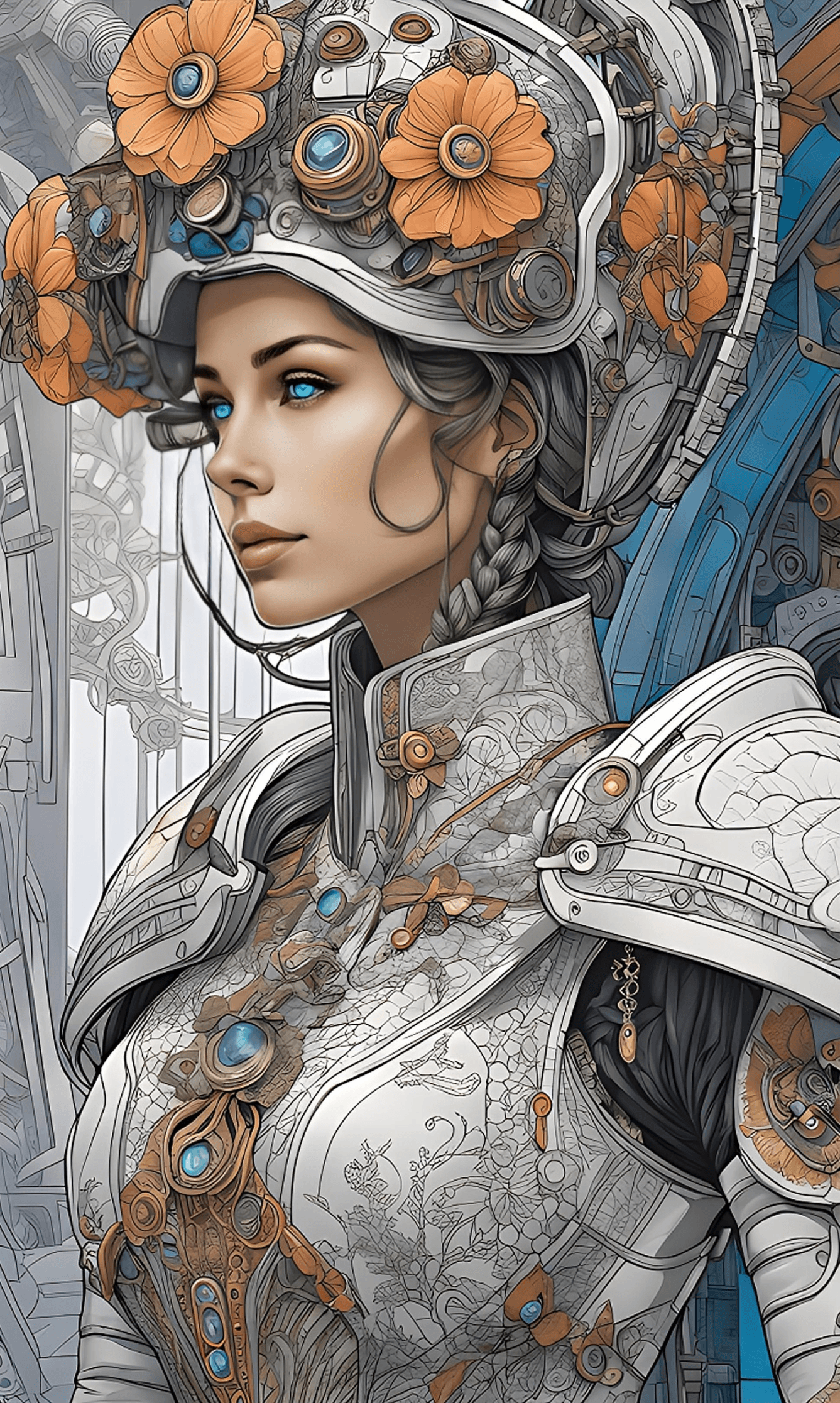 AI generated: close-up, futuristic woman from the future with unreal sapphire eyes, fantastic white space flowers ...