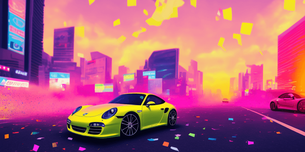 AI generated: bright sunny day beautiful cloudy sky sunset porsche sports car racing down cyberpunk Miami city str...