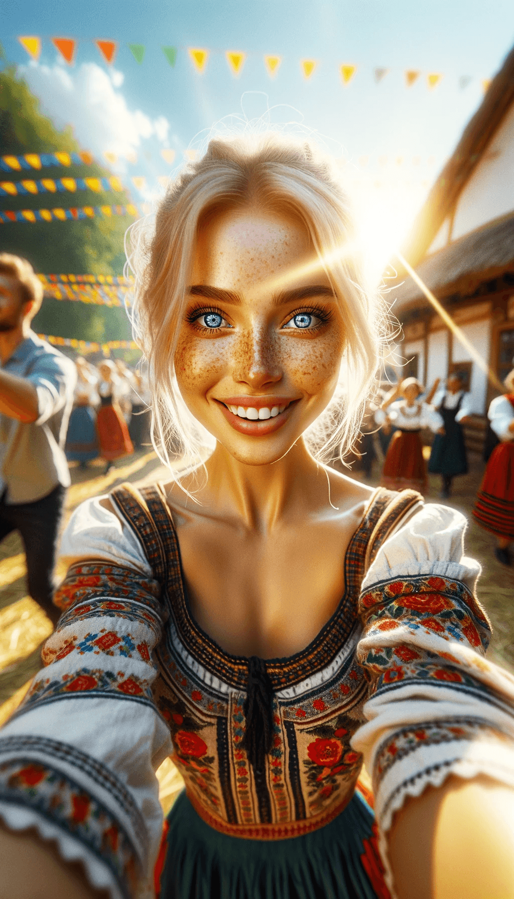 AI generated: A photograph of a 25-year-old blonde female with a warm, joyful face full of freckles and big blue e...