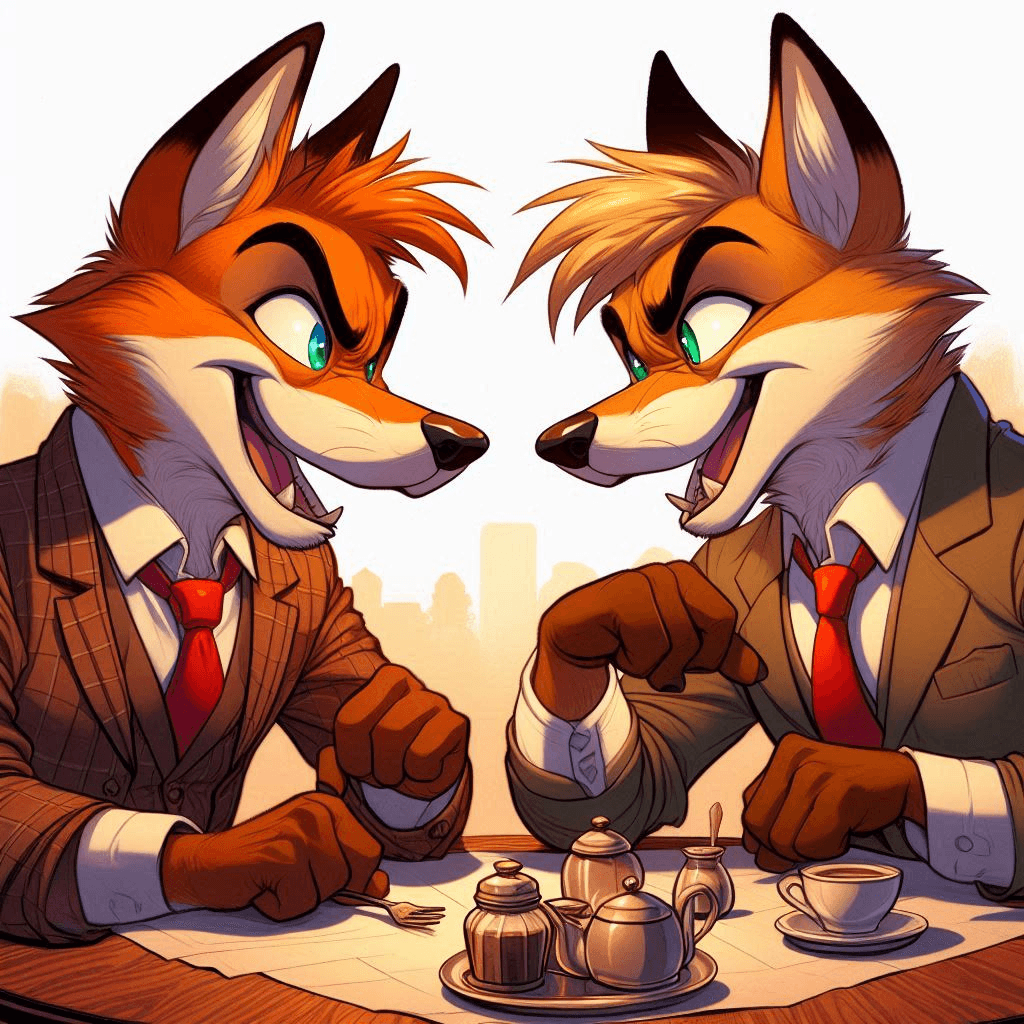 AI generated: Digital cartoon painting of two mischievous male anthropomorphic foxes with intense and playful face...