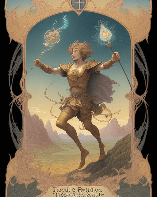 AI generated: An image of an adventurous Fool Tarot Card persona embarking on a journey across a mystical landscap...