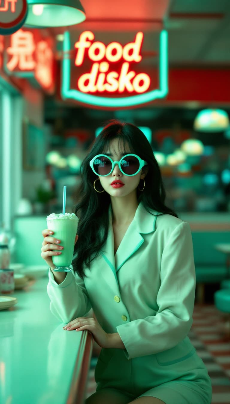 AI generated: an award winning color photograph of a Korean woman in 1980s pastel neon union suit andhuge vintage ...