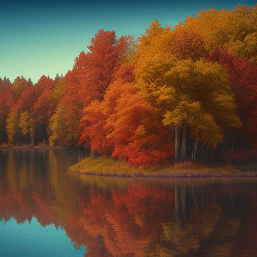 AI generated: generate beautiful autumn trees surround the lake with colorful foliage, in the style of 1970–presen...