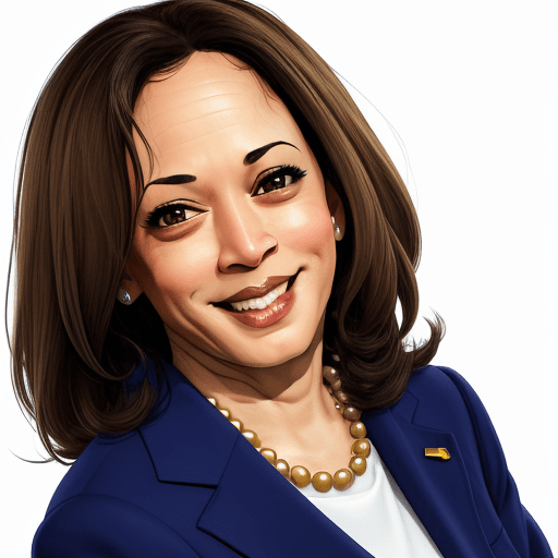 AI generated: cartoon kamala harris headshot, looking into camera, white background, smiling, 4K, wearing a suit
