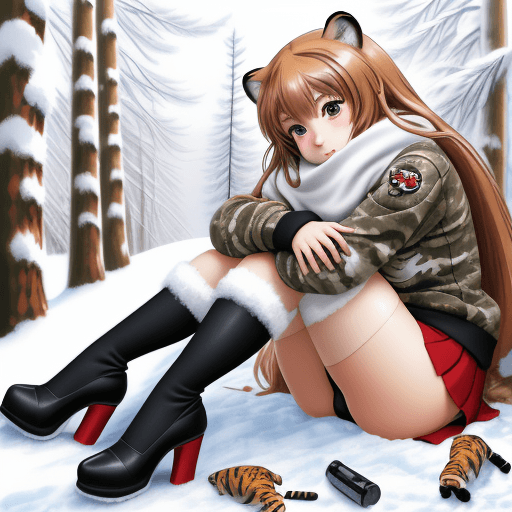 AI generated: taiga aisaka, anime, sit in snowy camouflage riding tank and hug herself, winter red school uniform,...