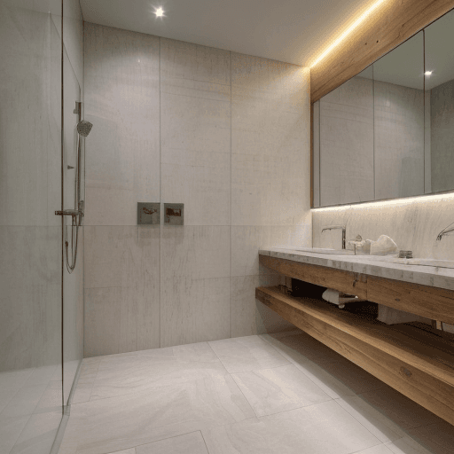 AI generated: High resolution photography interior design, ,marble floor tiles ,wc,bidet,spot lights,led lights,in...