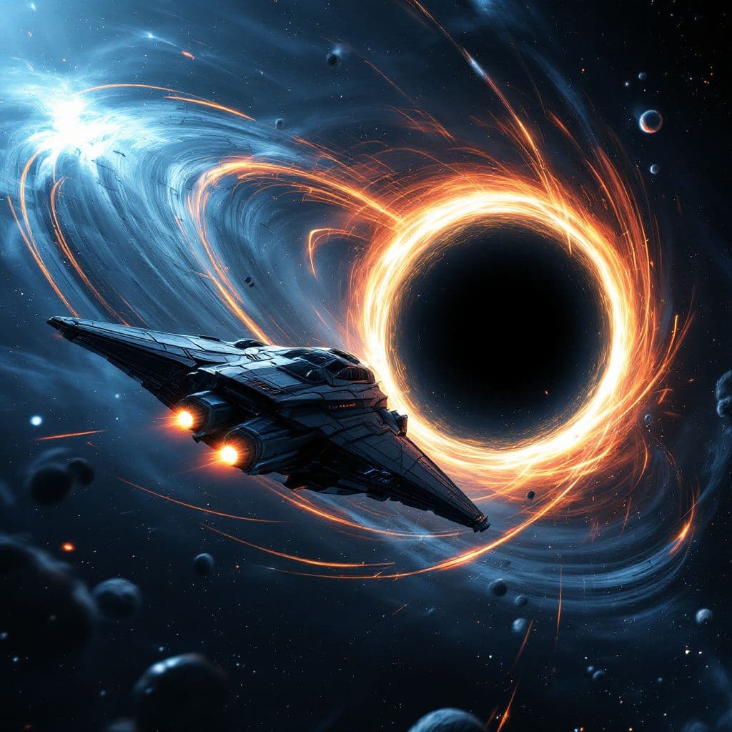 AI generated: A scene of a spaceship escaping from a black hole. The style is reminiscent of a science fiction mov...