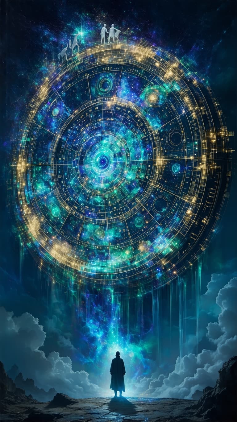 AI generated: 10. The Wheel of Fortune – The Cosmic Cycle

A massive celestial wheel, inscribed with shifting gold...