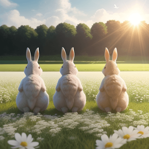 AI generated: five small photorealistic rabbits with fluffy hair on a green field with lots of white flowers, dram...
