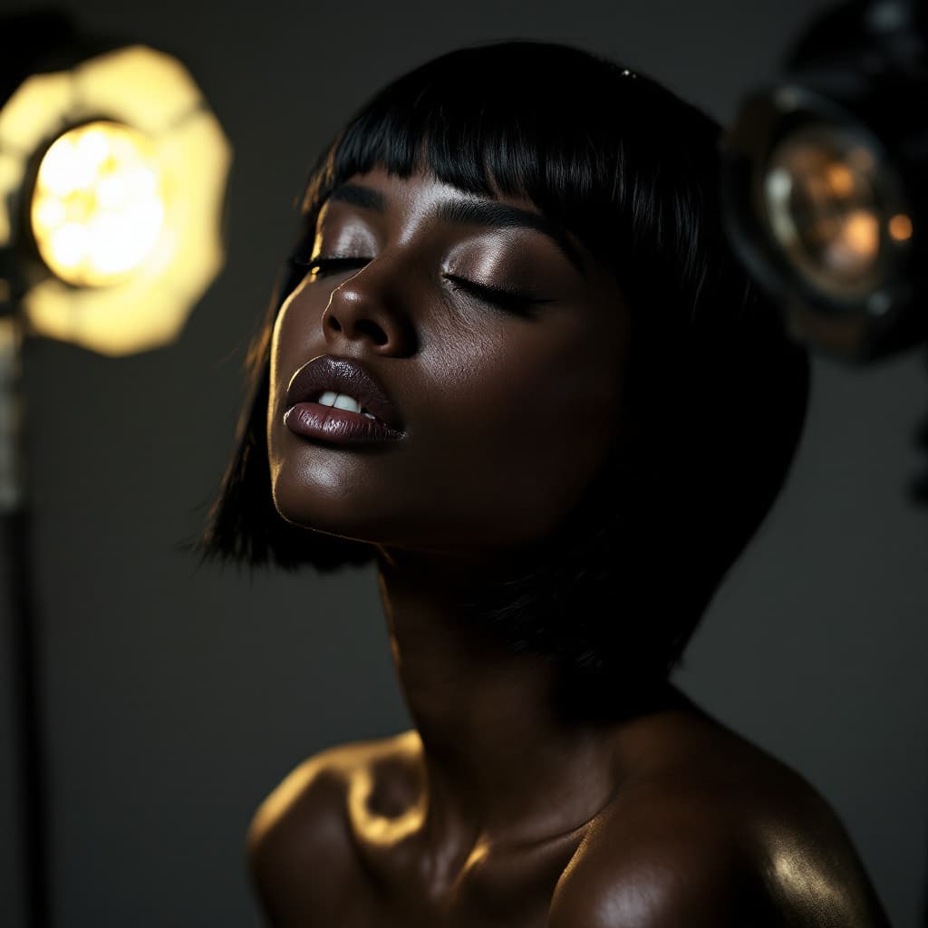 AI generated: color photography, fashion editorial, portrait of a dark shorthaired beautiful naked european woman ...