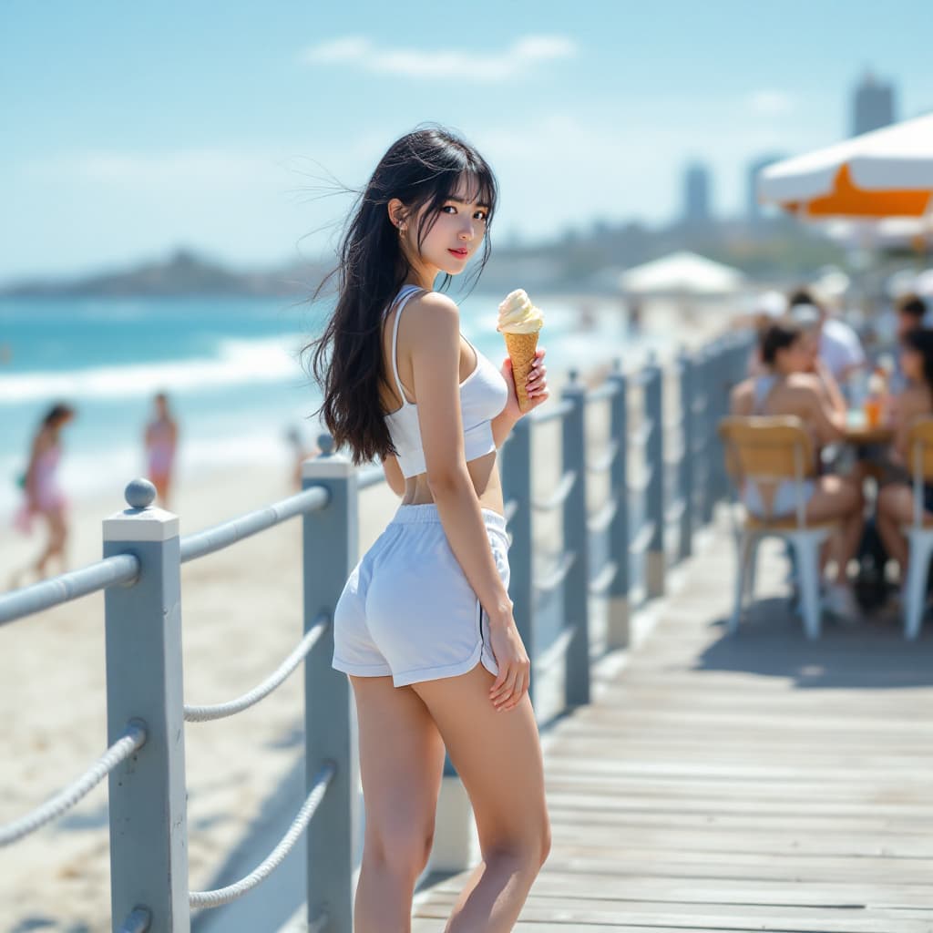 AI generated: A photograph of an Asian girl with black hair, wearing sports shorts and white sneakers on the dock ...