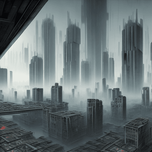 AI generated: City on levels, buildings with no view from the top, labyrinth style of stacked buildings, floating ...
