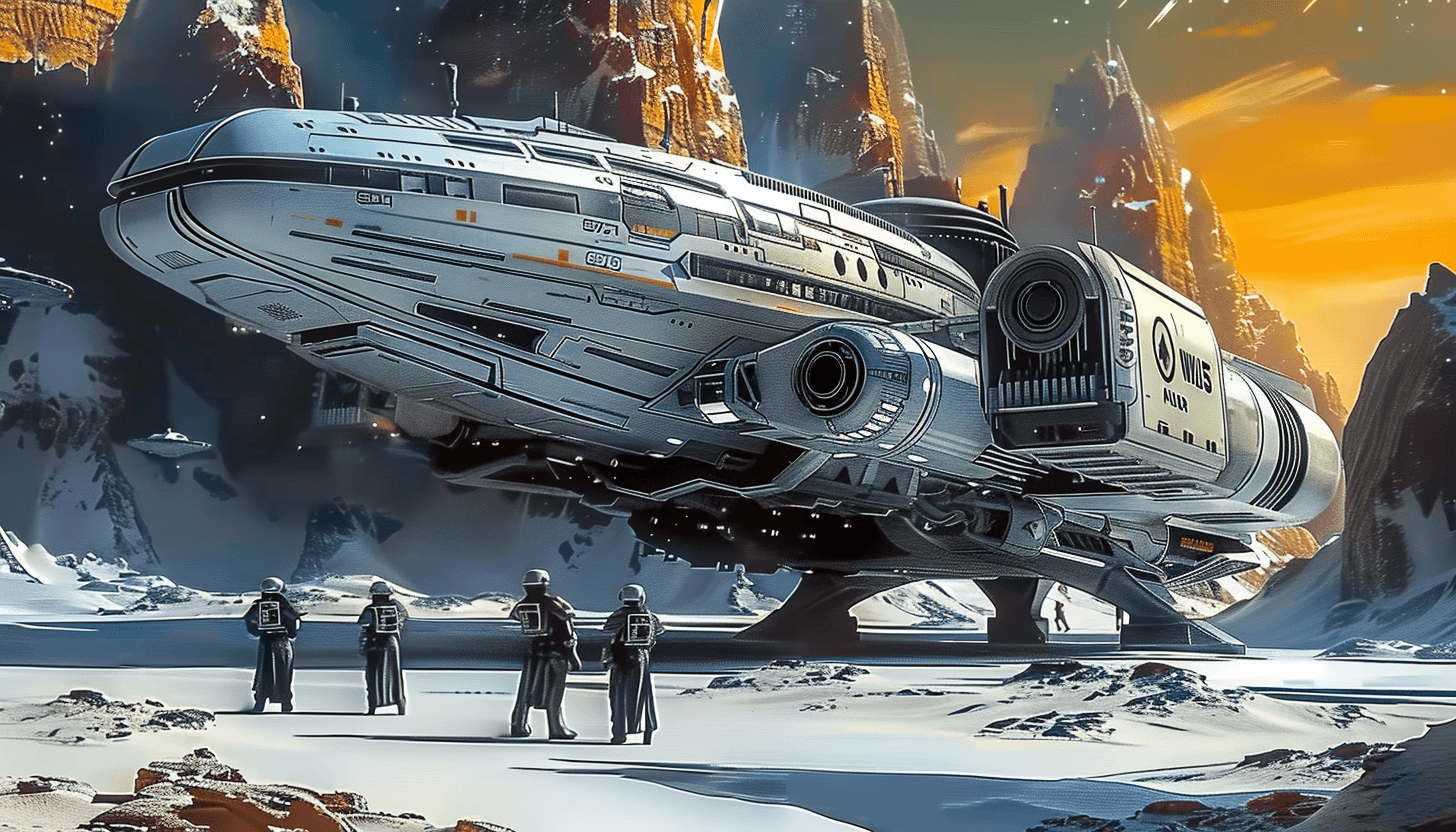 AI generated: futuristic epic scifi, spaceship massive sulaco line's arrival / departures terminus, men and women ...