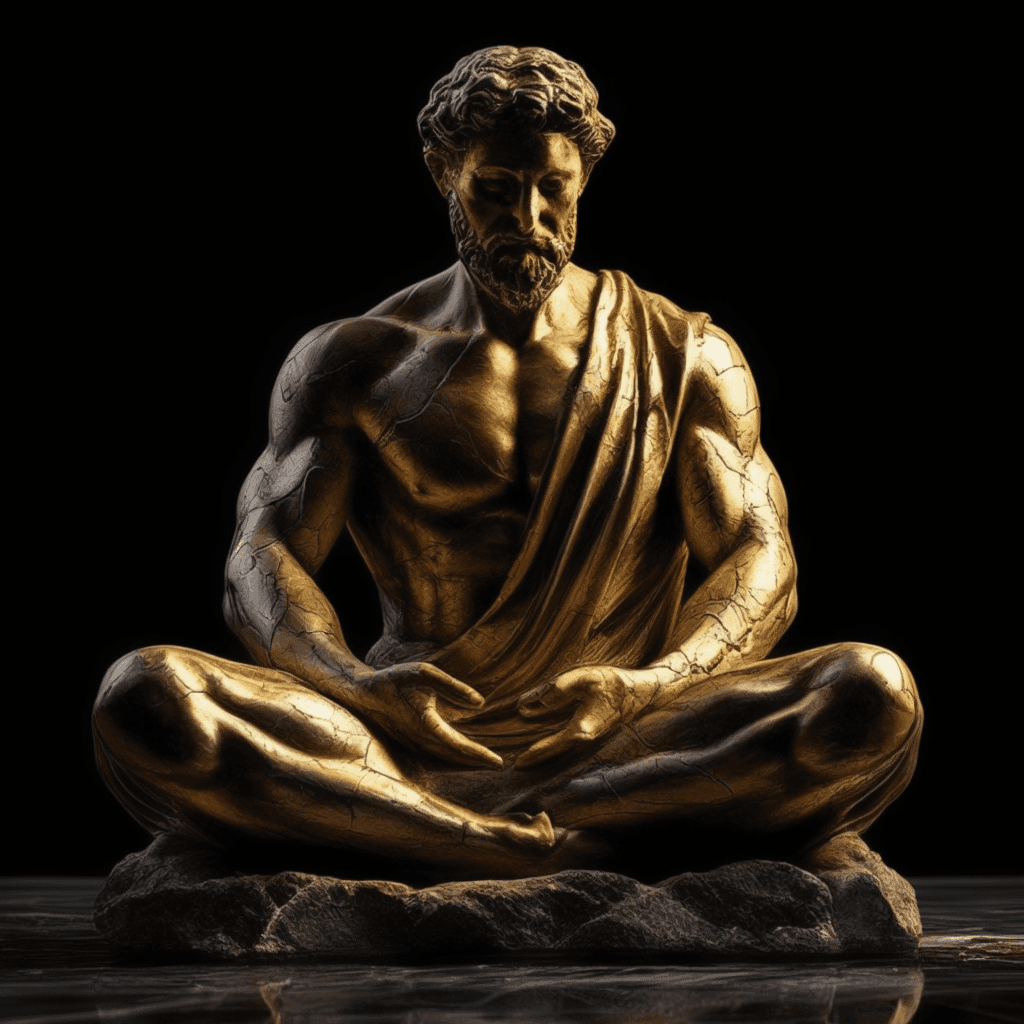 AI generated: greek statue of Michelangelo, meditation pose, reimagined by industrial light and magic,black, gold,...