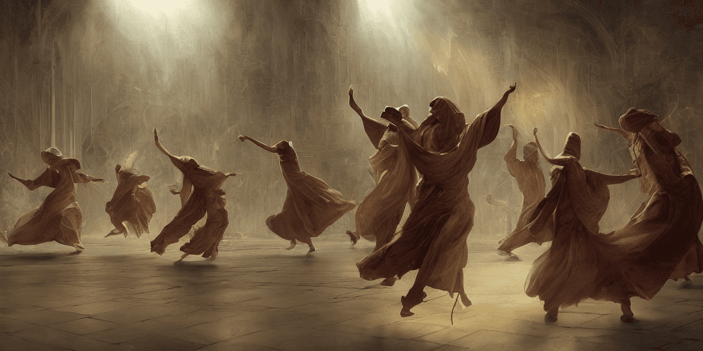 AI generated: mawlawi order whirling dervishes, sufi trance, 32 k, huge smokey, michael whelan, peter mohrbache, g...