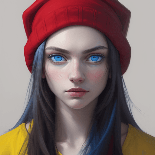 AI generated: An expressive portrait painting with a dramatic use of color, featuring a person with bright blue ey...