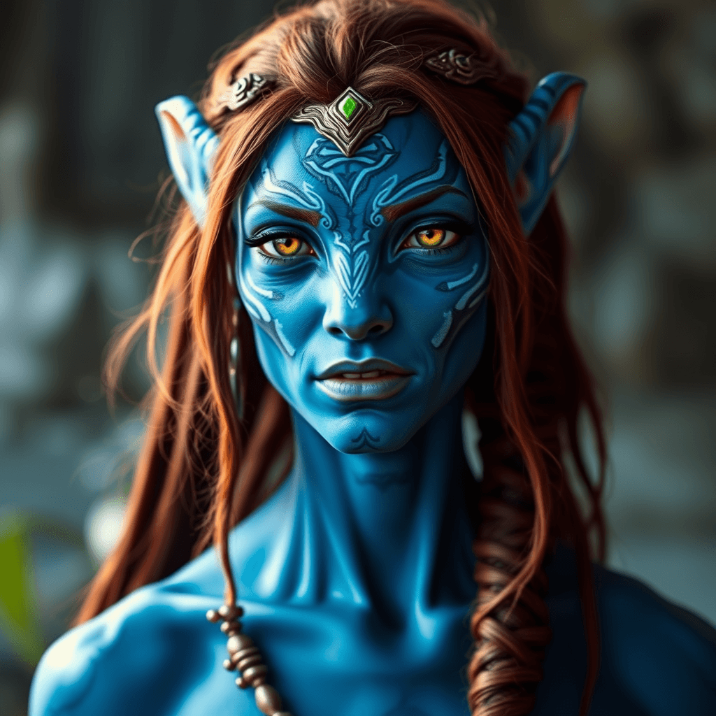 AI generated: Female omaticaya Na'vi from James Cameron's avatar movie, blue skin, adult, Avatar 2009