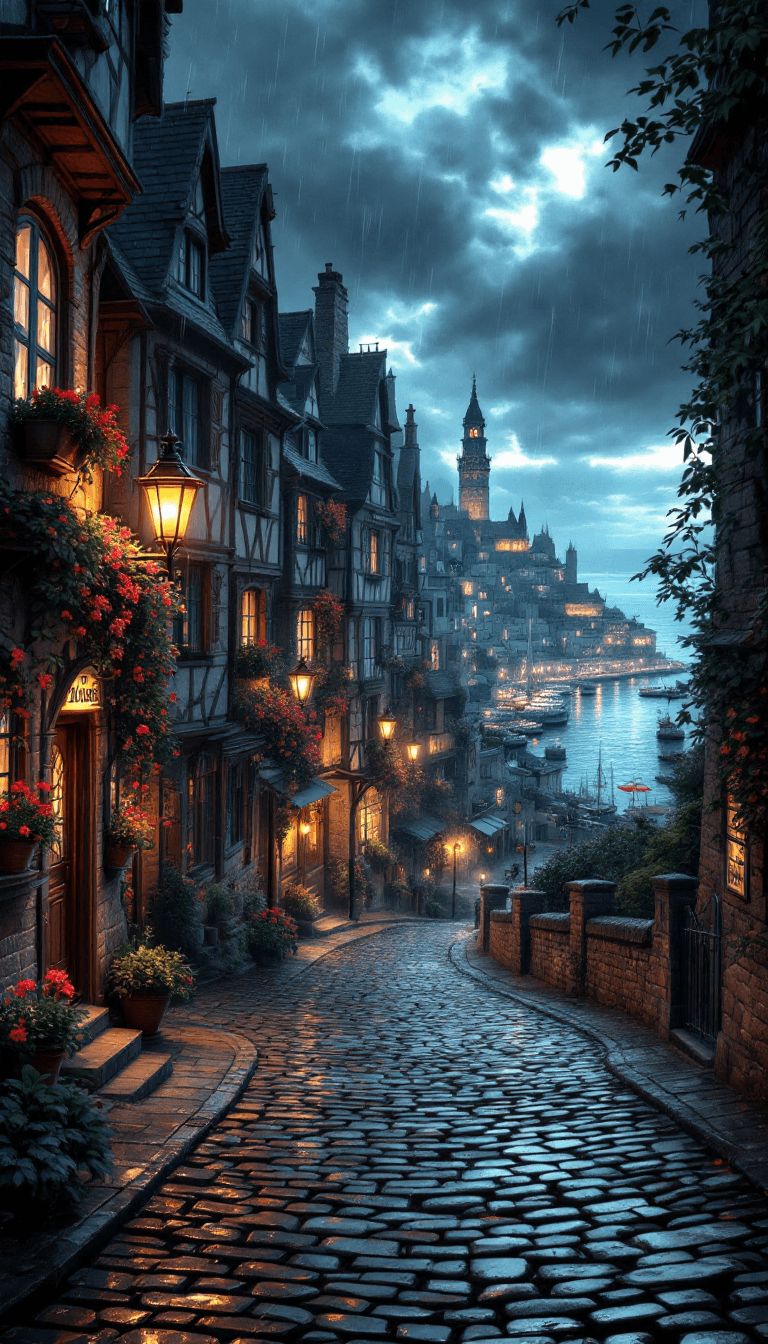 AI generated: A captivating dark fantasy illustration of a picturesque European-style town during a rainy evening....