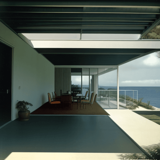 AI generated: Hyper realistic eye level exterior photo of a mid century modern style house overlooking the ocean, ...